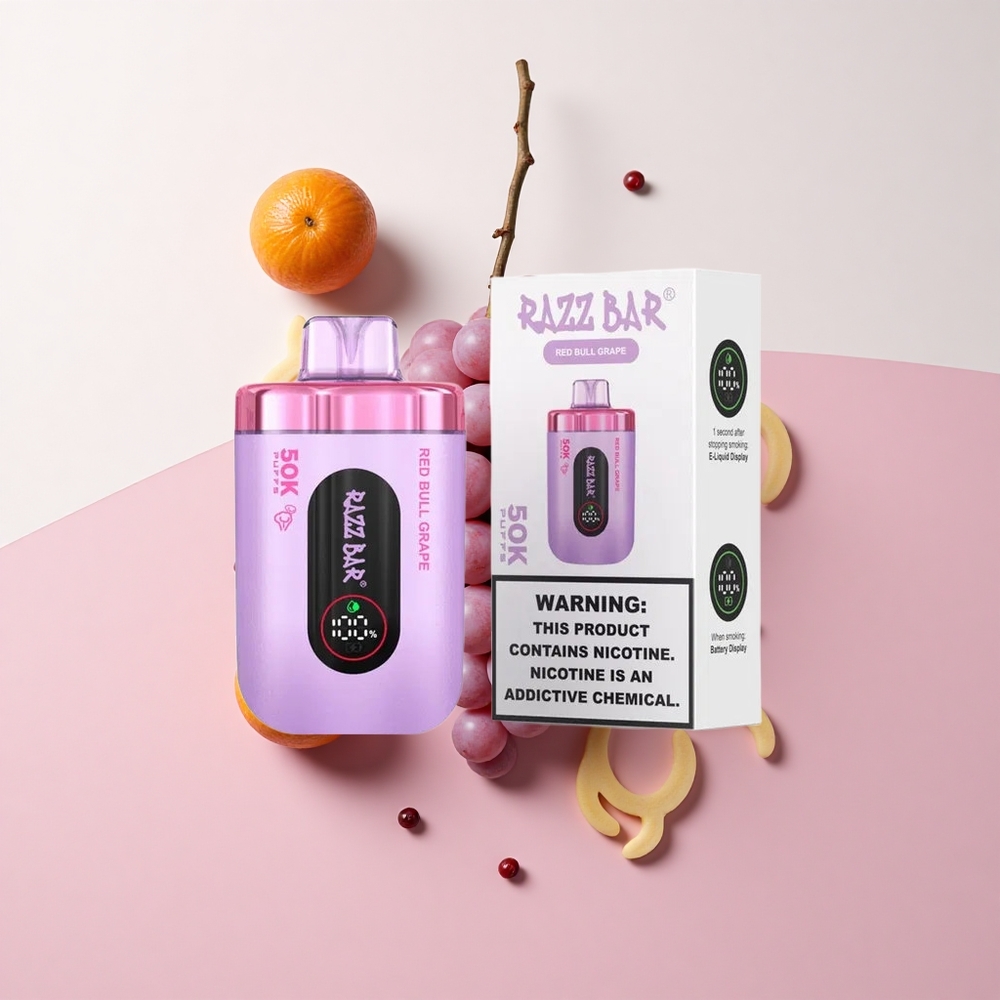 Razz Bar 50K Puffs ディスポーザブルベイプ レッドブルグレープ 1.0オームメッシュコイル 2%ニコチン