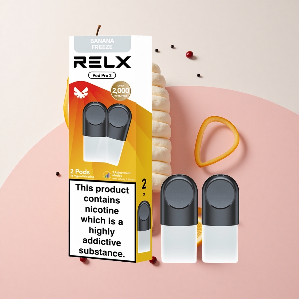 Relx Pod Pro 2 デザート-バナナフリーズ ニコチン含有量1.8% 600パフ 1.9ml 3電圧調整